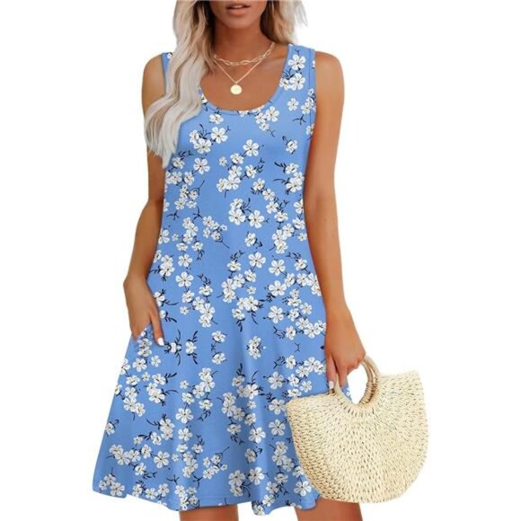 Sleeveless U Neck Summer Dress with Pockets - Picture 1 of 5